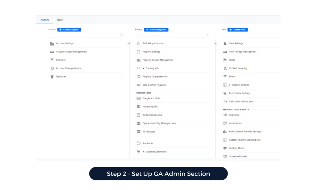 Step 2: Set up the Google Analytics Admin section: